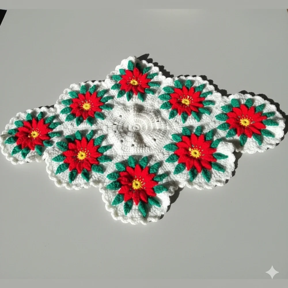 Vintage Handmade Crochet Poinsettia 3D Flower Christmas Table Runner Large 32" - Picture 7 of 11